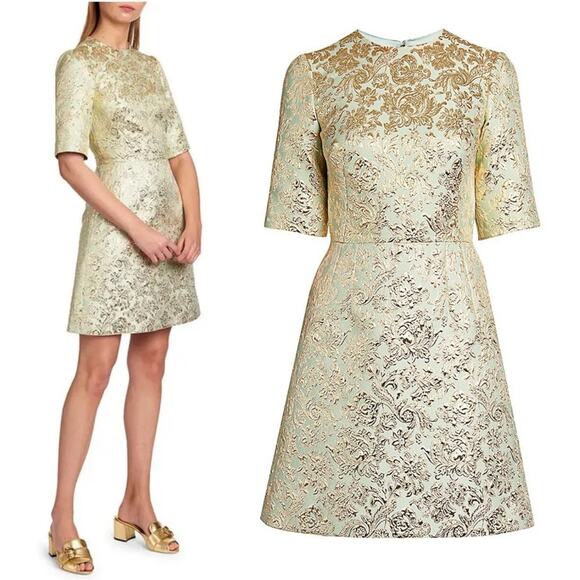 NWT Dolce & Gabbana Brocade Short-Sleeve Mini Dress in Mint Green Gold 46 US 10 - Picture 1 of 12